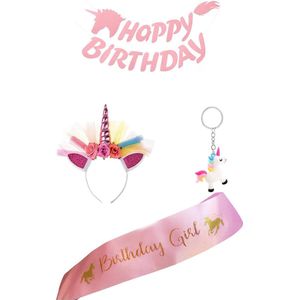 Unicorn Feestpakket - Diadeem - Sjerp - Birthday Girl - Unicorn Bannerslinger - Verjaardag - Eenhoorn Haarband