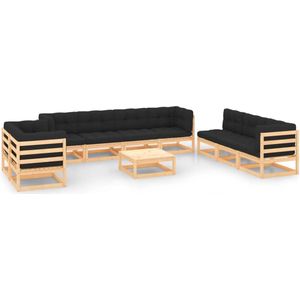 The Living Store Loungeset Pine - 4x Middenbank - 5x Hoekbank - 1x Tafel - 70x70x67cm - Onbehandeld Grenenhout - Antraciet Kussen