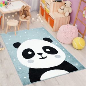 Flycarpets Playful Pals Kids - Blauw Panda Vloerkleed Kinderkamer / Babykamer - Laagpolig Kindervloerkleed 160x225 cm