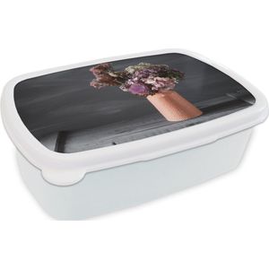 Broodtrommel Wit - Lunchbox - Brooddoos - Stilleven - Droogbloemen - Vaas - 18x12x6 cm - Volwassenen