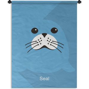 Wandkleed Zeeleeuw illustratie - Een illustratie van een zeeleeuw in het blauw Wandkleed katoen 60x80 cm - Wandtapijt met foto