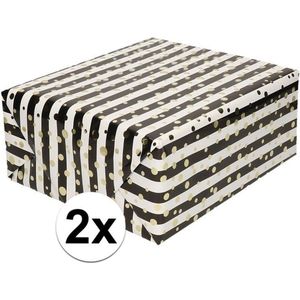 2x Inpakpapier/cadeaupapier metallic wit/zwart/goud gestreept 150 x 70 cm per rol  - kadopapier / cadeaupapier/papier