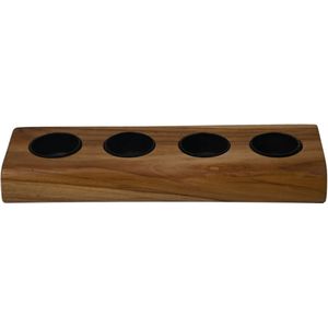 Waxinelichthouder 4 lichts - 10x30x4 - Natural/zwart - Teak