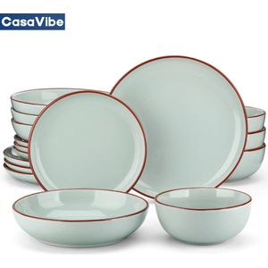 CasaVibe Luxe Serviesset – 16 delig – 4 persoons – Porselein - Bordenset – Dinner platen – Dessertborden - Kommen - Mokken - Set - Jade - Nimf