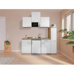 Goedkope keuken 180  cm - complete kleine keuken met apparatuur Luis - Eiken/Wit - keramische kookplaat  - koelkast  - magnetron - mini keuken - compacte keuken - keukenblok met apparatuur