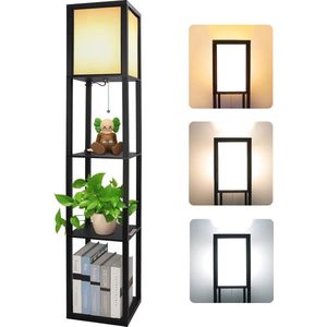 Moderne Staande Lamp met Houten Planken - Decoratieve Vloerlamp voor Woonkamer, Slaapkamer en Kantoor - 3-laagse Opbergruimte met LED E27-fitting