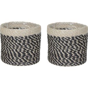 2x stuks naturel zwart rotan planten/bloemen pot mand van gedraaid jute/riet/zeegras H12 en D12 cm - Met plastic binnenkant