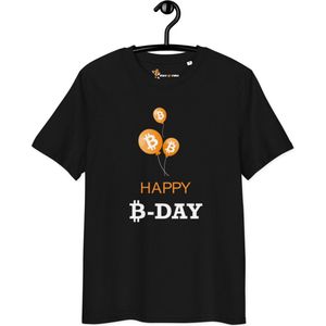 Happy B-Day Bitcoin T-shirt - Unisex - 100% Biologisch Katoen - Kleur Zwart - Maat S | Bitcoin cadeau| Crypto cadeau| Bitcoin T-shirt| Crypto T-shirt| Crypto Shirt| Bitcoin Shirt| Bitcoin Merch| Crypto Merch| Bitcoin Kleding