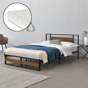 Metalen bed Villach met matras 140x200 cm zwart en walnoot