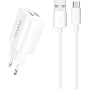 Dudao - Stekker met 2x USB aansluiting (5V) - USB naar USB-C oplader - 2.4A oplaadkabel - Datakabel - 1 Meter - Wit