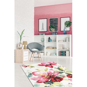 the carpet Monde Modern Design Woondeken, Zachte Korte Stapel, Opvallend, Bloemig, Kleurrijk, Crème, Roze, 120x170 cm
