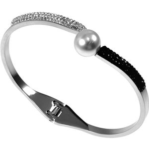 Open Bangle Armband Dames - Parel - Zirkonia -Stalen Zilverkleur - One-Size 16 tot 17