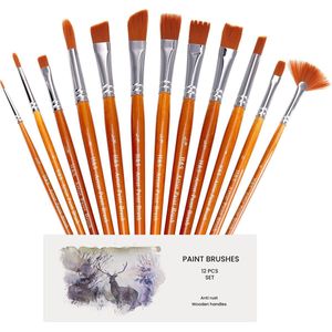 H&S penseel set 12-delig - Borstelset met professionele penselen - Hardhout en synthetisch haar - Verf kwasten - Kwast set voor acrylverf en olieverf