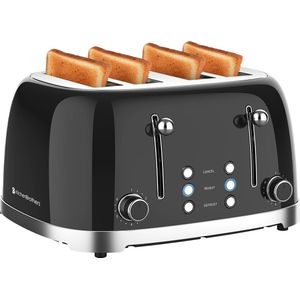 KitchenBrothers Retro Broodrooster - 6 Warmteniveaus - 4 Extra Brede Sleuven - 1630W - Reheat en Ontdooi-functie - Zwart