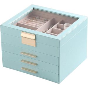 Sieradendoosje met doorzichtig deksel - 4 lagen sieradenorganizer met 3 laden - Grote multifunctionele opbergdoos voor sieraden - Sieradenvitrinekast voor ringen, oorbellen en armbanden
