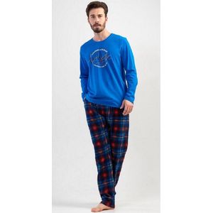 Vienetta Pyjama Heren Volwassenen Katoen | Lange Mouw Lange Broek | Geruit patroon | Blauw XL