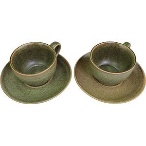 Theekopje met bij behorende Schaaltje FAMKE - Vintage Groen - Aardewerk - Thee Kopje ⌀ 8,5 cm - Schaaltje ⌀ 15 cm - Set van 2 - kop met schotel - koffiebeker