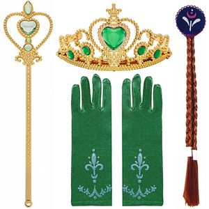 Het Betere Merk - Verkleedkleding meisje - accessoires voor bij je prinsessenjurk - Kroon - Tiara - Toverstaf - Handschoenen - Bruine vlechtjes met clip- Groen