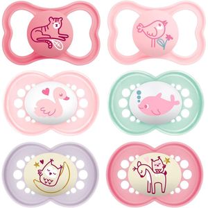 Siliconen fopspeen 16+ ma. Day-Night - Meisjes Mix - Set van 6 - Incl. 3 gesteriliseerde transportboxen