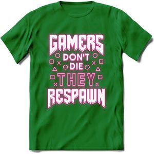 Gamers don't die T-shirt | Neon Roze | Gaming kleding | Grappig game verjaardag cadeau shirt Heren – Dames – Unisex | - Donker Groen - L