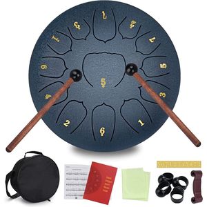 Tongdrum - 11 noten 25 cm - Tongtrommel - Schijftrommel - Stalen Pan Tonen - Slaginstrument - Handpan Drum met Accessoiredoos, Tas, Vingerpick - Muziekboek en Drum voor Meditatie, Yoga, Geluidsgenezing