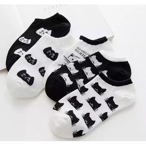 Set van 5 paar kattensokken - Zwart-Wit - Enkelsokken Kat - Unisex - Multipack - Maat 36-41