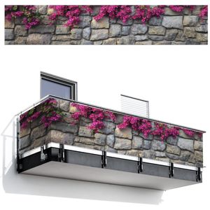 Balkonscherm 500x100 cm - Balkonposter Bougainvillea - Stenen Muur - Roze - Balkon scherm decoratie - Balkonschermen - Balkondoek zonnescherm