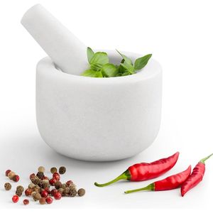 Navaris vijzel met stamper van marmer voor kruidenmixen en pesto - inclusief fijnmalen set - Ø 85 cm - wit .