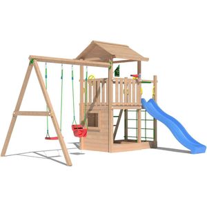 Jungle Gym Speeltoestel van Douglas Hout - Jungle Cavern met Blauwe Glijbaan - Tuin Speeltoestel voor buiten met Zandbak, Schommel en Speelhuisje