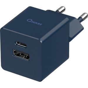 Qware - Mini Dual Charger - Iphone Oplader - Power Delivery - 20 Watt - USB-A - USB-C - Adapter - Oplader - Blauw