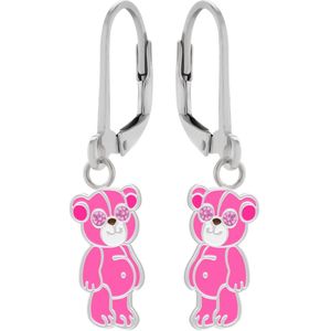Oorbellen meisje | Zilveren kinderoorbellen | Zilveren oorhangers, roze beer met kristalogen