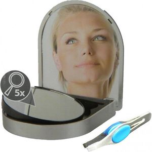 Borvat® | Reisetui met spiegels en pincet | Make Up Spiegel | Handige Set voor in de Tas op Reis | 5x Vergrotende Spiegel met Zuignap |8,5cm en Pincet 8cm