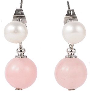 Zoetwaterparel met edelstenen oorbellen Pearl Stud Rose Quartz - oorstekers - echte parels - rozenkwarts - wit - roze
