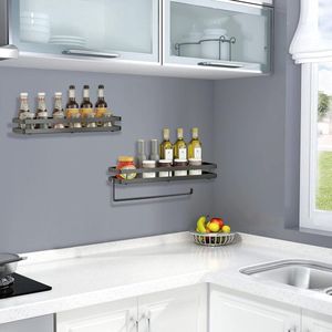 Keuken kruidenrek, set van 2 wandkeukenhouders zonder boren met keukenrolhouder en 8 afneembare haken, kruidenmand, kruidenhouder, keuken, badkamer, hangende organizer