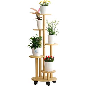 Green Harmony Plantenrek Bamboe Binnen Bloementrap met Wieltjes 90CM - Bloemenstandaard Balkon - 5 Niveaus Rond Vrijstaand Bloemenrek voor Woonkamer Kantoor Tuin - Ø 19 CM Plantentafel 2.0