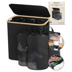 Bellettini® Opvouwbare Wasmand met Deksel - 3 Compartimenten - 600D Oxford Materiaal Wassorteerder - 148 Liter - Zwart