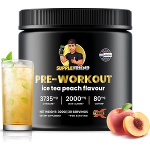 Supplefriend - Pre-Workout - EXTREME - 3735mg Citrulline | 2000mg Beta Alanine | 80 mg Cafeïne - ijsthee Perzik - 300g (30 Doseringen)