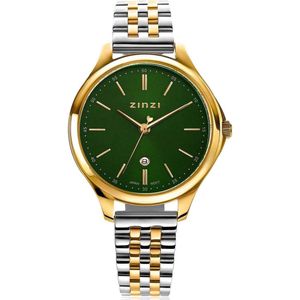 ZINZI Classy horloge 34mm groene wijzerplaat goudkleurige stalen kast en bicolor band, datum ziw1035