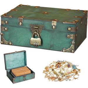 Vintage houten schatkist met cijferslot - Decoratieve opbergkist voor kinderen - Perfect voor sieraden en opslag - 24 x 17 x 10 cm