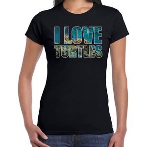 Tekst shirt I love turtles met dieren foto van een schildpad zwart voor dames - cadeau t-shirt zeeschildpadden liefhebber XS