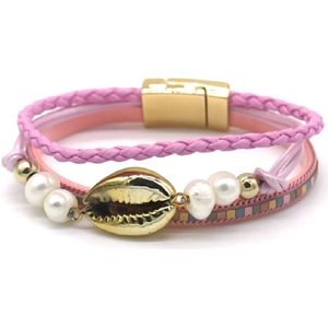 Armband Dames - Schelp - Leer - Parels - 19 cm - Roze