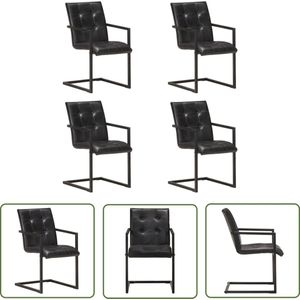 The Living Store Eetkamerstoelen 4 st echt leer zwart - Retro Meubels - Eetkamerstoelen - Lederen Stoelen - Zwarte Stoelen - Moderne Stoelen