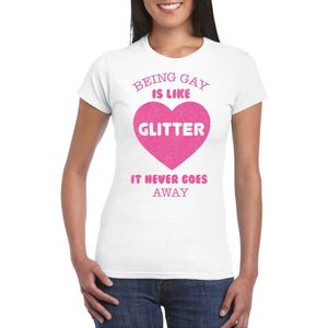 Bellatio Decorations Gay Pride T-shirt voor dames - being gay is like glitter - wit/roze - LHBTI XS