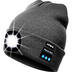 Muts met LED verlichting - Bluetooth muziek functie - Beanie Donkergrijs - USB-oplaadbaar - 4 helder licht LED lampen - 3 standen - One-size - Unisex - Wasbaar