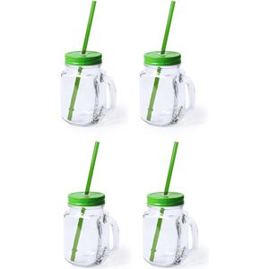 4x stuks Glazen Mason Jar drinkbekers groene dop en rietje 500 ml - afsluitbaar/niet lekken/fruit shakes