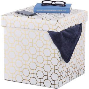 Opvouwbare gepolsterde kruk met deksel - geometrisch design - opbergruimte - 38x38x38 cm - wit goud