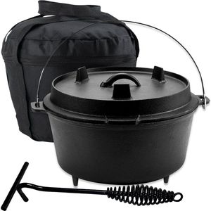 KitchenMonster® Dutch Oven Kookpan - Gietijzeren Pan Ø25.5 - Gietijzeren Pan met Deksel 5 Liter Grillpan - Braadpan Gietijzer Zwart