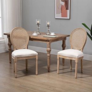 2 set eetkamerstoelen vintage keukenstoel gestoffeerde stoel met rotan rugleuning lin-touch rubber hout wit 49 x 56 x 96 cm