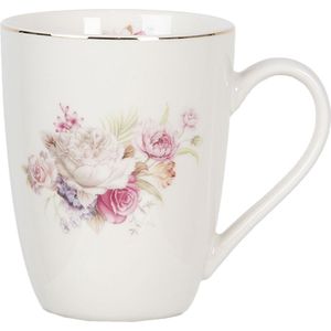 Clayre & Eef Mok 330 ml Wit Porselein Rond Bloemen Koffiemok