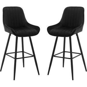 2 stuks Designer Barkrukken - Fluweel Zitting met Rugleuning - Voetsteun - Metalen Frame - 71 cm Zithoogte - Voor Keuken, Bar of Bistro - Modern & Comfortabel - Zwart